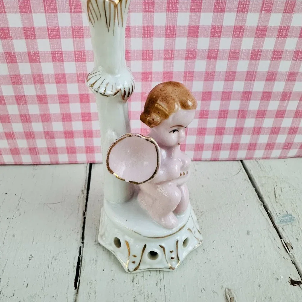 Vintage Japan Cherub Bud Vase Angel Figurine Pink Porcelain Rosebud Vase